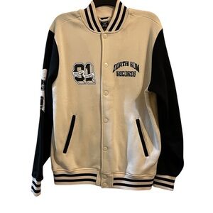 NWOT Death Row Records Script Varsity Logo Jacket Small Beige Black Pockets